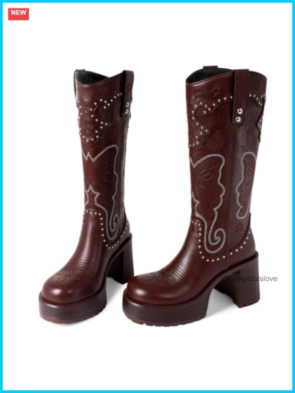 Knee High Western Boots Leather Platform Chunky Heel Cowgirl